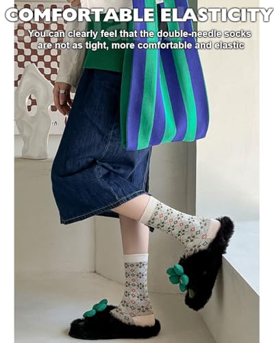Image of IIG 3-5 Pairs Womens Vintage Cozy Crew Socks Soft Cute Neutral Cotton Socks Exquisite Patterns Socks Gift