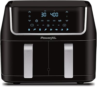 PowerXL Vortex 10-qt Dual Basket Air Fryer, 7-in-1 2-Basket Electric Fryer or 1 Extra-Large Capacity Basket, SmartSync Technology, for Entire XL Family Meals, Shake Reminder (10 QT, Black)