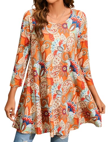 Enmain Tunika Damen Langarm Blusen Tuniken Longline Bluse 3/4 Langarm Longshirt Casual Elegante Rundhals Swing Tunika Tops für Damen Orange 3XL