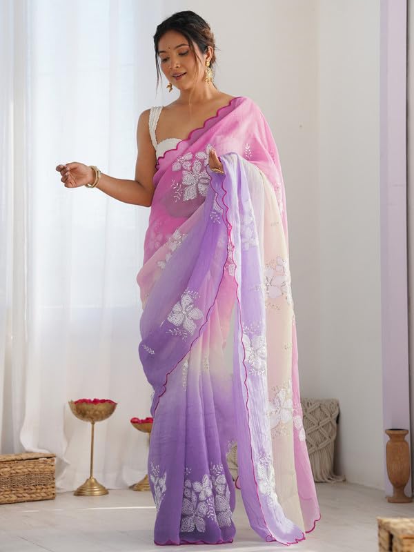 Image of Women's Orange-Yellow Ombre Saree with Floral Embroidery | Lightweight & Festive Saree | Elegant Ethnic Wear for Women