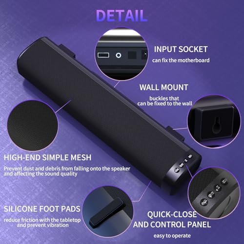 Sound Bar for Smart TV, Bluetooth Sound bar for TV with Optical/AUX/HD ARC, 50w Surround Sound Speakers, Surround Sound System for TV/PC/Gaming/Projectors, Wall Mountable PC Soundbar