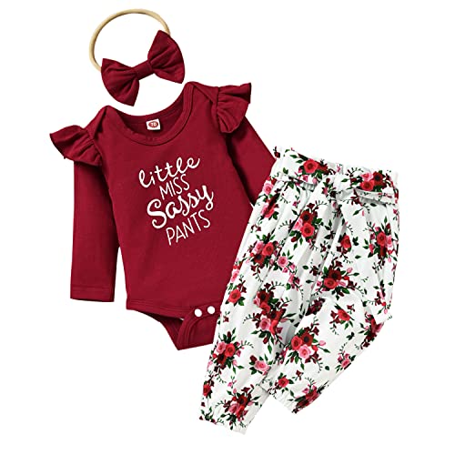 Newborn Baby Girl Organic Clothes Infant Girls Fall Winter Outfits Ruffle Romper Floral Pants Set（Burgundy,0-3M)