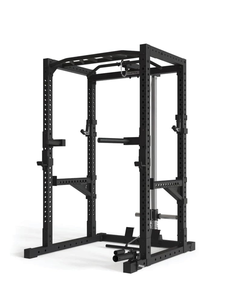 Atletica Cage R7 - 200 cm de hauteur - Avec station de traction et d'aviron - Barre de traction multi-prises - Barres de dip - Bras Spotter - 4 crochets J et mine terrestre