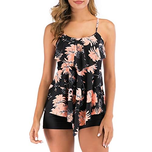 FLYILY Damen Zwei Stücke Tankini Rüschen Volant Geschichtet Bademode mit Boy Legs Shorts Rüschen Große Größen Bademode Badeanzug(BlackFlower,XXL)
