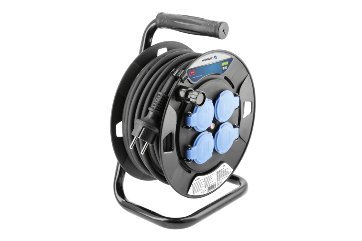 Högert Technik Kabeltrommel 30m Verlängerungskabel 3x1,5 mm², 4 Schutzkontakt-Steckdosen, IP44, 3000 W, Gummikabel für Baustelle, Werkstatt, Außenbereich, Garten
