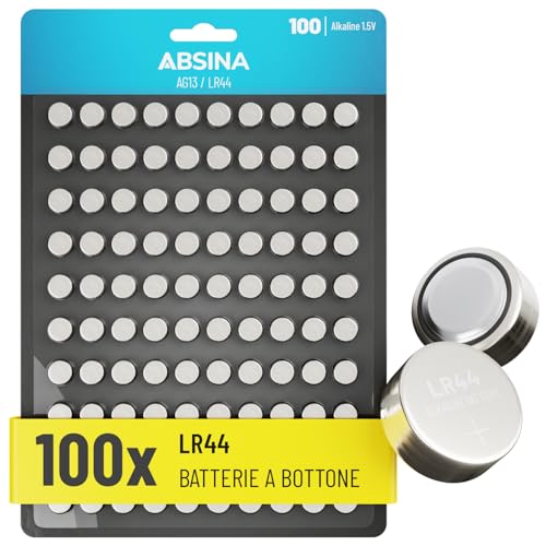 ABSINA 100x Pile LR44 AG13 - Batterie LR44 da 1,5 V a prova di perdite e longevoli - LR1154 / L1154 / L1154F / G13 / G13A / 13GA / 157 / V13GA / PX76A / RW82 - LR44 batteria a bottone, batteria LR44