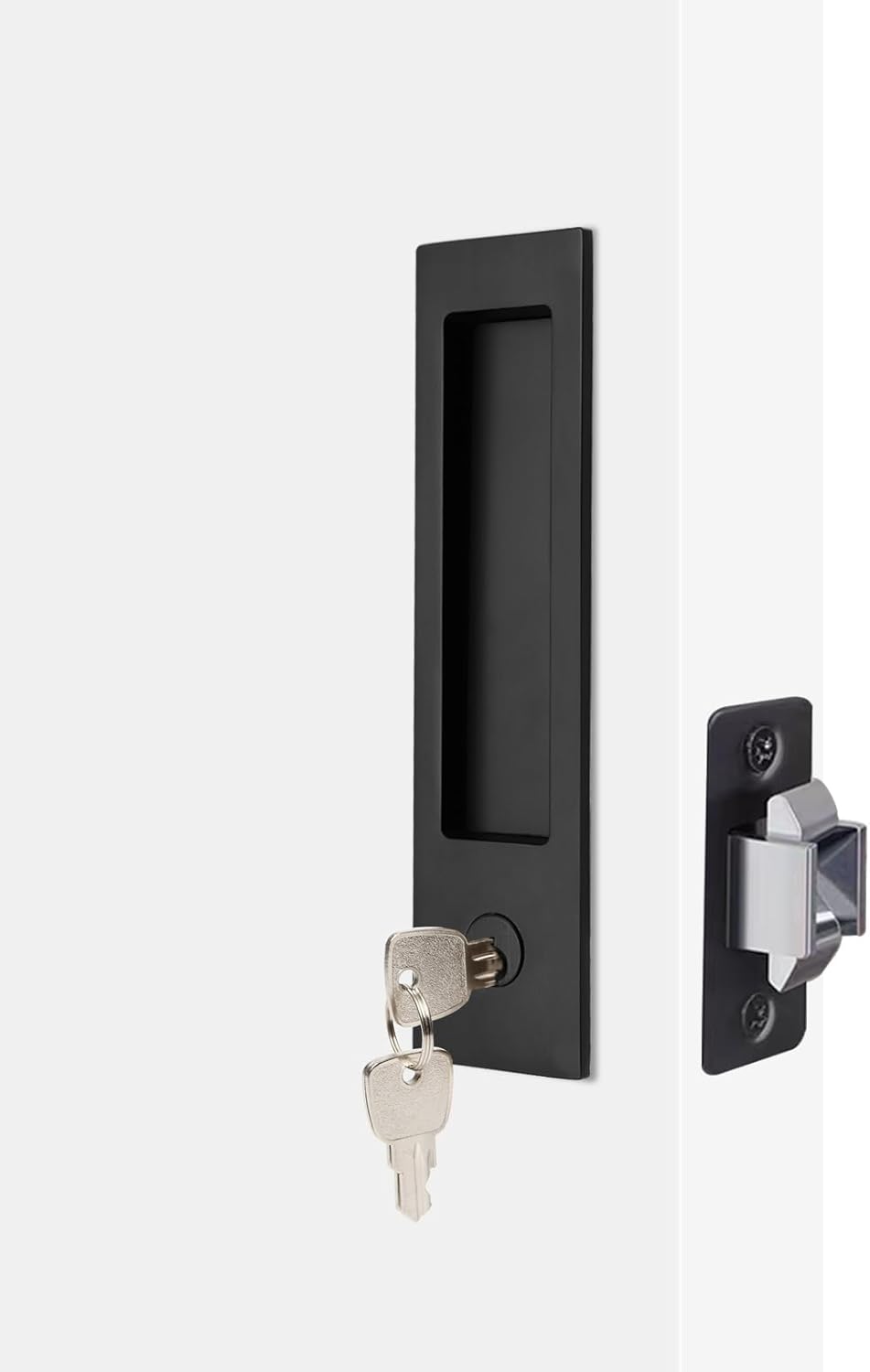 Dontay Pocket Door Handle, Modern Rectangular Keyed Entry Function, (Bed/Bath) Pull Latch, Recessed Sliding Door Hardware for 1 3/8” to 2 3/16” Thickness (Keyed Entry Lock, Matte Black, 1 Pack)