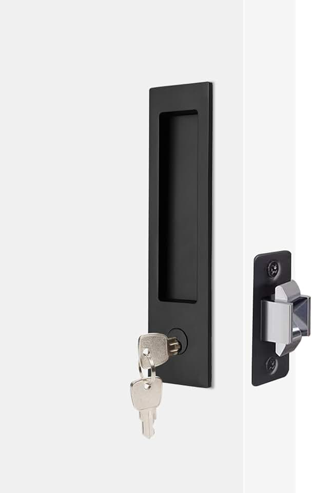 Dontay Pocket Door Handle, Modern Rectangular Keyed Entry Function, (Bed/Bath) Pull Latch, Recessed Sliding Door Hardware for 1 3/8” to 2 3/16” Thickness (Keyed Entry Lock, Matte Black, 1 Pack)