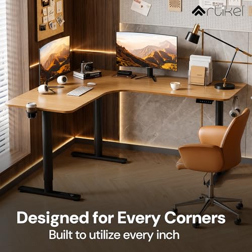 Image of ARTIKEL Elle L-Shaped Electric Height Adjustable Executive Desk for Office & Home | Ergonomic Sit-Stand Desk with Cup Holder & Headphone Hooks | 100 Kg Load Capacity (160 x 140 x 60 cm)
