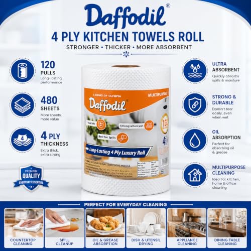 Image of DAFFODIL 4 Ply Kitchen Towels Roll Pack-1 (120 Pulls, 480 Sheets) | Ultra Absorbent & Strong Kitchen Tissue Paper Roll | Thick Paper Towels for Oil Absorption, Spill Cleaning & Household Kitchen