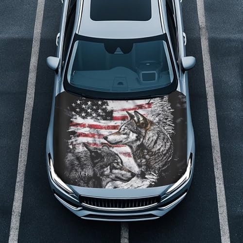 Image of Generic Car Hood Cover Flag, American Flag Wolves Waterproof Dustproof Car Bonnet Banner Elastic Universal Car Cover Windproof Hood Wraps for Most Vehicles All Season Protection