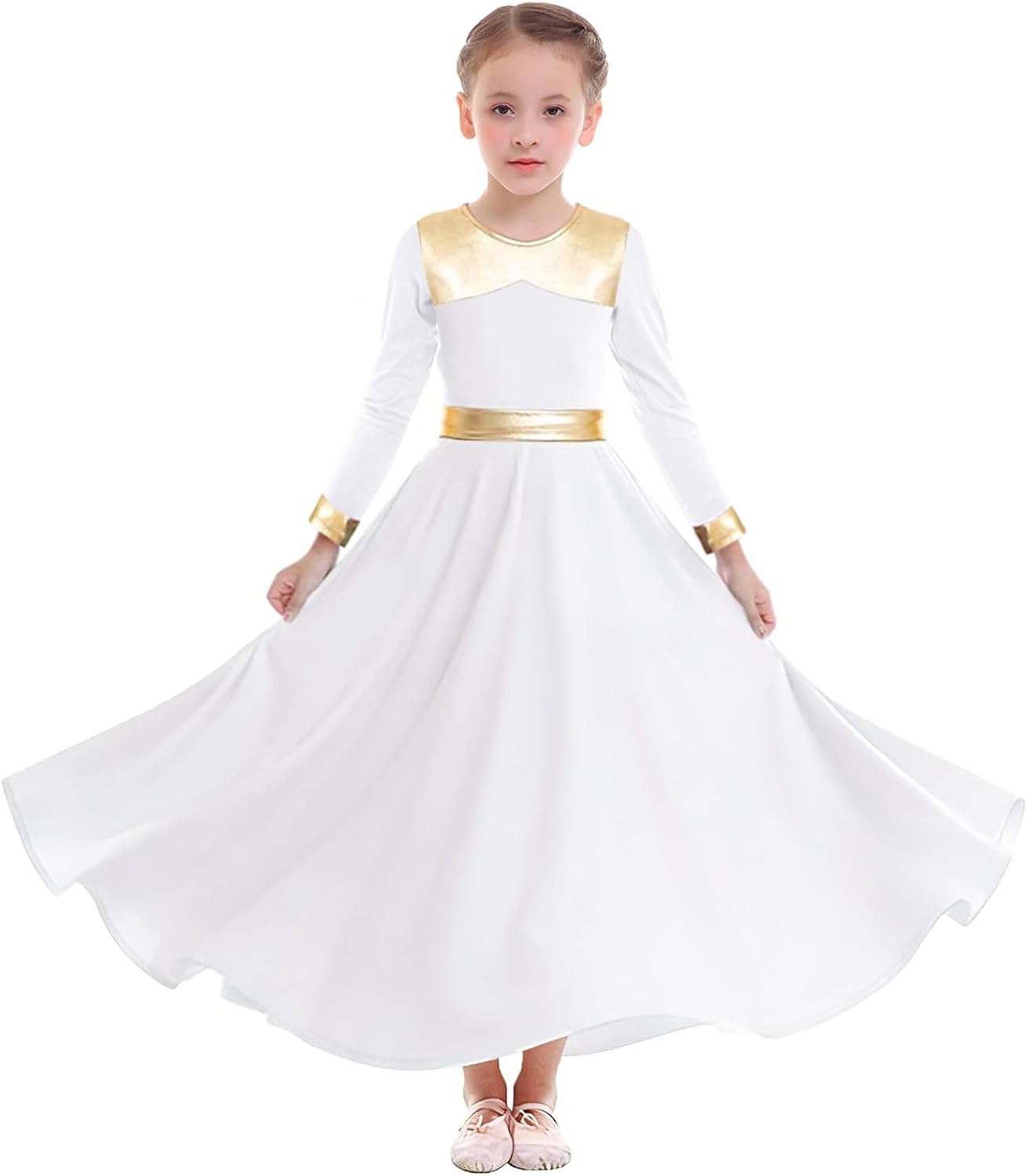 Z&X Girls Praise Dance Outfits Metallic Gold Liturgical Worship Church Robe Full Length Swing Skirt Costume