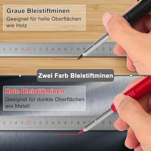 2er Zimmermannsbleistift mit 12 Bleistiftminen 2 Farben, Tieflochmarker Bleistift Baustelle Set für Holzbearbeitung, 45mm Lange Feder Baubleistift Tischler Bleistift Bohrlochmarker Eingebauter Spitzer