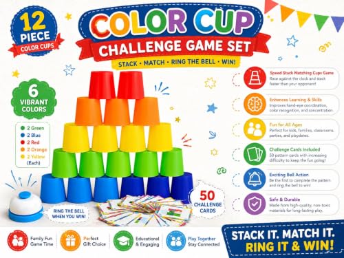 Image of EITHEO Color Sorting Cup Challenge Game Set, 12 Stacking Cups, 50 Pattern Matching Cards & Bell, Speed Cups Game, Montessori Educational STEM Learning Toy, Hand Eye Coordination Activity for Kids 3+