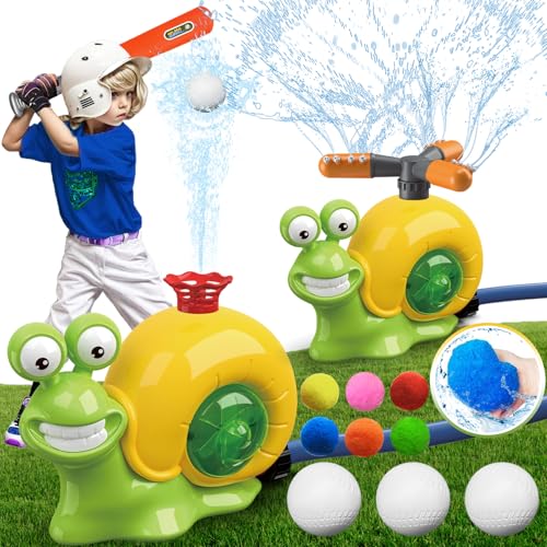3-in-1 Water Sprinkler Baseball Toy, 360° Rotating Water Baseball Tee & T Ball Sprinkler with Water Balls, Summer Outdoor Water Toys for Kids Backyard Games Lawn Pool, Snail, Ages 3+