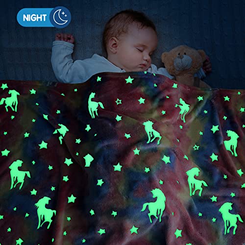 Ranedo Kuscheldecke Kinder 150cmx190 cm, Leuchtet im Dunkeln Einhorn Flanell Fleece Decke, Urlaub Geburtstagsgeschenke für Mädchen, Rosa