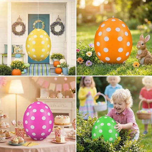 HCQC Aufblasbare Ostereier XXL (50 cm) zum Aufhängen - Outdoor Osterdeko für Garten, Terrasse & Party - Wetterfeste Ostereier Deko aus Plastik (Gelb, Grün, Lila)