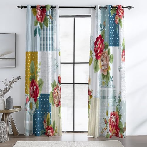 Cortinas Decorativas con Ojales 117 An x 138 Al cm (2Paneles), Retro Flores Cuadros Tema Aislamiento Térmico Cortina para Salón Dormitorio Hotel, Multicolor Oscurecidas Antiarrugas