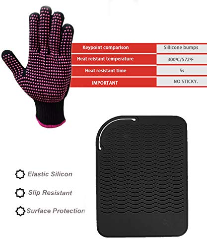 Image of Heat Resistant Silicone Glove and Mat Set for Curling Iron, Hair Straightener, Flat Irons - 9 inch x 6.5 inch Food Grade Silicone Mat, Black