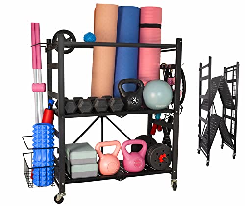 Preinstalled Yoga Mat Storage Rack,Exercise Equipment Storage Rack with Hooks and Wheels, Home Gym Storage Rack for Yoga Accessories,Dumbbells Stand,Kettlebells,Yoga Strap and Resistance Bands
