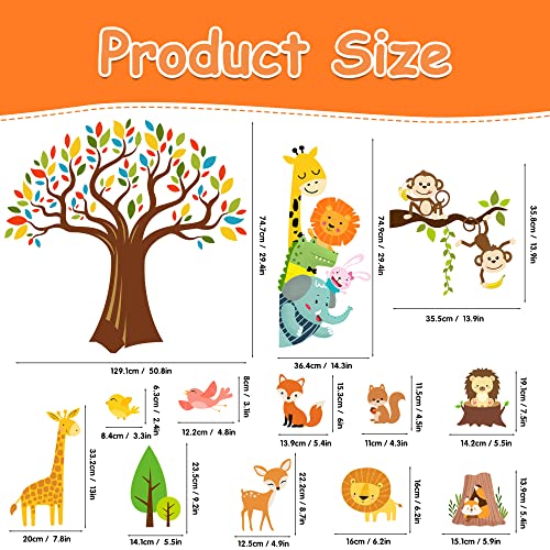 Jungle Animals Tree Wall Decals Colorful Safari Monkey Giraffe Elephant Fox Deer Wall Stickers Cartoon Woodland Forest Zoo Decal Peel And Stick Kids Boy Girl Classroom Playroom Baby Nursery Wall Decor #TOP1