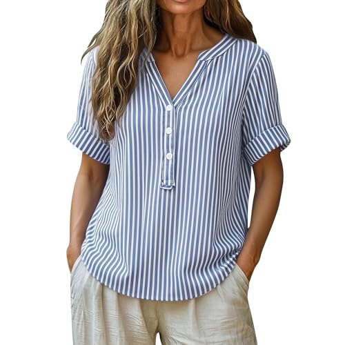 Générique Chemise rayée Bleue Femme Longue, Chemise Rayure Femme en Coton Et Lin Chemisier Manches Courtes, Rayure Robe Blouse Tunique Grande Taille - T-Shirt Été...