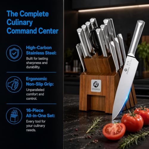 Image of Imarku 16PCS Japanese High Carbon Stainless Steel Knife Set with Block & Sharpener, Dishwasher Safe Kitchen Knife Block Set, Ergonomic Handle Kitchen Utensils Set Gift