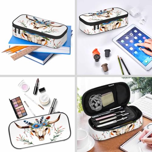 Image of Cow Skull Pencil Holder Bag Bull Head Flowers Feathers Boho Style Pencil Case College Office School for Teens Boy Girl