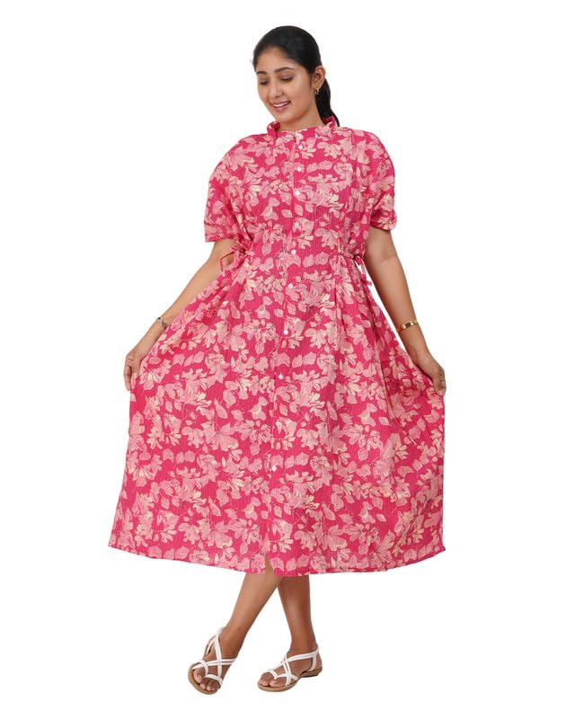 Image of Women's Cotton Full Front Open Dress | Mandarin Collar Button-Down | Darted Waist with Multi Tie-Up | Calf Length | Maternity, Feeding, Elderly & Hospital Wear | Sizes L-3XL