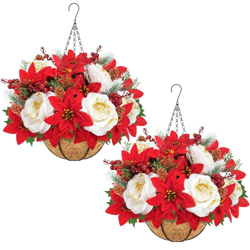 GTIDEA 2 Pcs Christmas Hanging Baskets for Outdoors, Artificial Poinsettia
