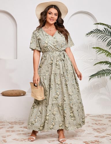 Image of ShopWonder Womens Plus Size V Neck Wrap Maxi Dress High Waist Ruffle Summer Casual Dress with Belt