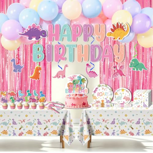 266PCS Dinosaur Party Birthday Decorations - Party Supplies Included Foil Fringe, Banner, Tablecloth, Hanging Swirls, Cupcake Toppers, Tableware, Paper Towel, Latex Balloons (Dinosaur-1)