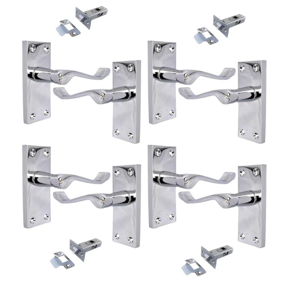 Haven Heritage Victorian Scroll Lever Door Handle on Backplate – Polished Chrome, 118mm x 42mm -Pack of 4 with 63 mm Tubular Latch