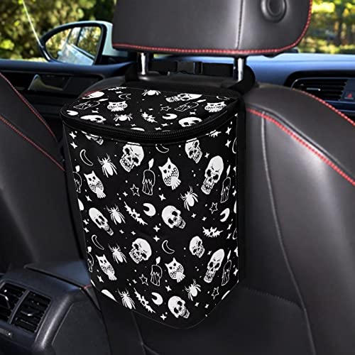 Gothic Skull Moon Star Owl Halloween Print Car Trash Can for Back Seat Leakproof Garbage Can with Lid Portable Collapsible Trash Bin Hanging Backseat Truck Organizer Car Accessories