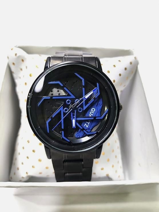 Image of Men's Spinning Car Wheel Design Analog Watch | Black Dial Stainless Steel Strap | Stylish Casual Fashion Wrist Watch for Men | Unique Gift Watch