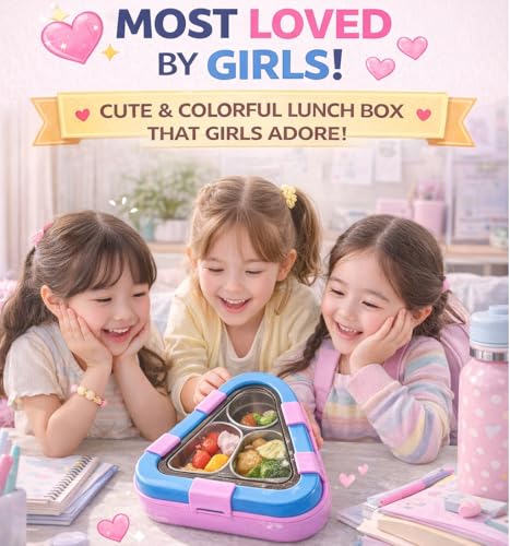 Image of Triangle Bento Lunch Box for Kids | Leakproof 5-Lock Food Storage Container with 3 Compartments | BPA-Free Reusable Tiffin Box for School, Office & Travel (3 Compartment)
