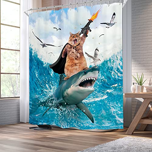 Image of Funny Surfing Cat Shower Curtain Riding Shark 60Wx72H Inch Decor | Hilarious Nautical Ocean Waves Seagull Teal Cute Animals Child Kids Boys Waterproof Polyester Fabric Bathroom 12 Hooks