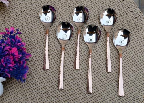 Image of Stainless Steel and Copper Made Serving Spoon Set - Pack of 6 | Metal Kitchen Dining and Cutlery | Steel and Copper Metalic Finish | A Touch of Elegance to Your Dining and Serving