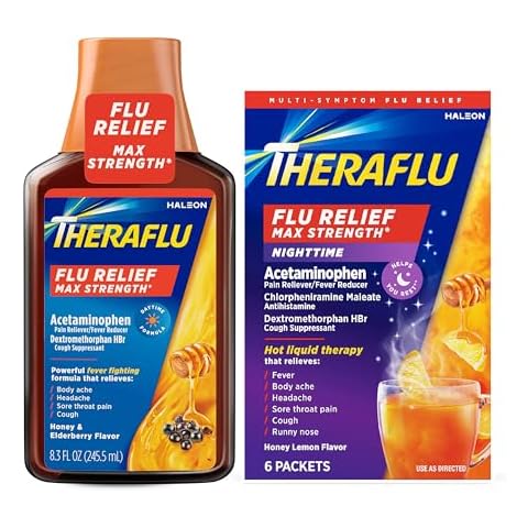 Theraflu Max Strength Daytime Flu Symptom Relief, Honey and Elderberry Syrup, 8.3 Fl Oz and Nighttime Flu Symptom Relief, Honey Lemon Flavor - 6 Count Cover