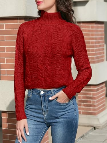 Image of DAIMIDY Women's Crop Sweaters, Sexy Cropped Chunky Knit Long Sleeve Pullover Turtleneck Jumper Tops with Twisted Pattern