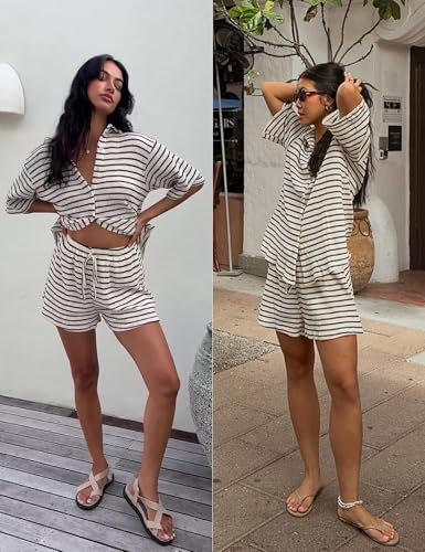 Image of Shiyifa Womens Summer 2 Piece Shorts Sets Polo Neck Short Sleeve Top High Waist Shorts Knit Lounge Striped Outfits