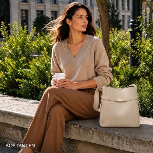 Image of BOSTANTEN Vegan Leather Purses for Women Quiet Luxury Shoulder Bucket Bag | Soft Luxury Tanned Leather, Include Drawstring Pouch, Front Belted Design, Fixed Wide Strap, for Everyday Office Weekend