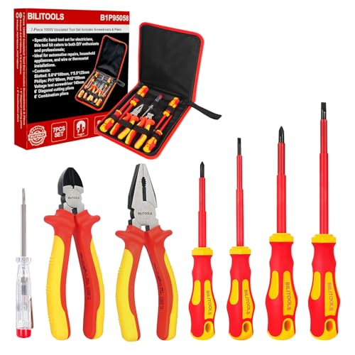 BILITOOLS 1000V Insulated Electrician Screwdriver & Pliers Set - 7pcs Electrical Tools Kit with Magnetic Phillips, Slotted Screwdrivers, VDE & GS Certified