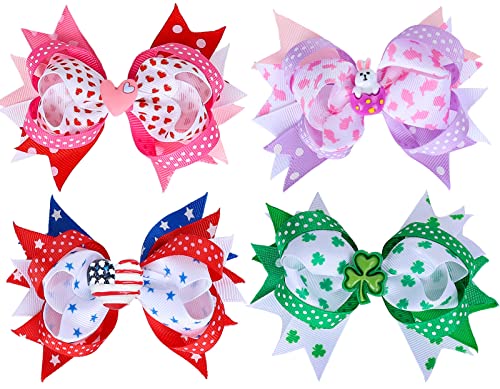 Whaline 4Pcs St. Patricks Day Hair Bow Ribbon Clips Easter 4th of July Independence Valentines Day Hair Bow Alligator Barrettes Seasonal Hairs Pin Grips for Girls Accessories