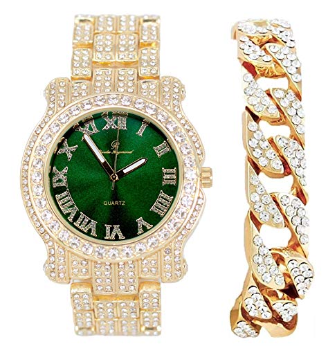 Montre homme Charles Raymond montre ronde de luxe bracelet cubain bling-ed out cadran or vert