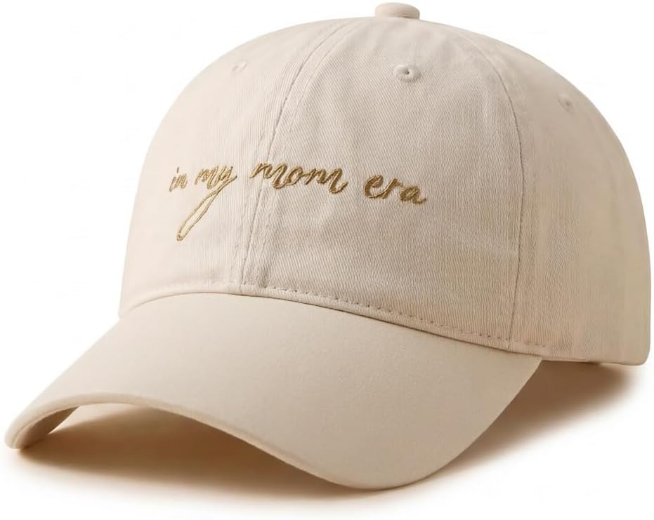 in My Mom Era Hat - Large Beige Baseball Cap for Moms, High Ponytail Cross Hole Design, Mothers & New Mom Gifts