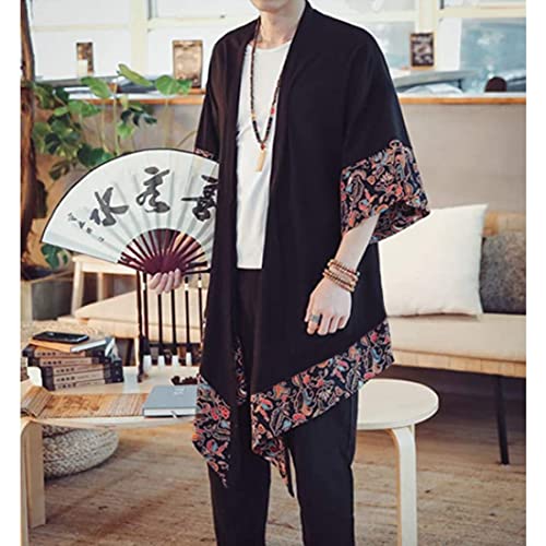 HZCX FASHION Men's Cotton Linen Long Kimono Jackets Open Front Cardigan Cloak(Three Flower,2XL) - Thumbnail 3