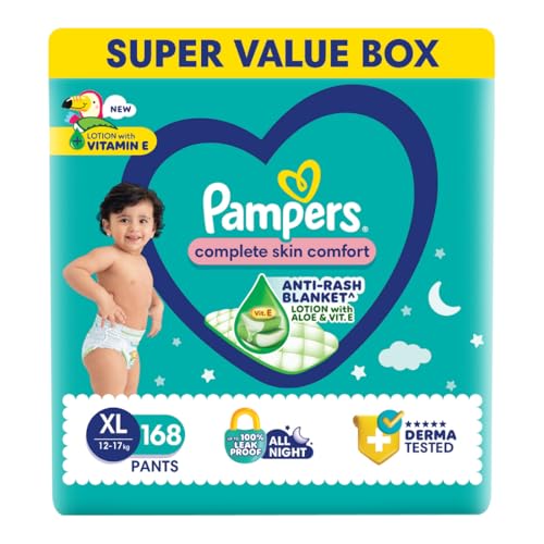 Image of Pampers Complete Skin Comfort Pants, XL, 136 Count, Anti-rash blanket, Lotion with Vitamin E & Aloe Vera, Large size baby diapers, 12-17kg