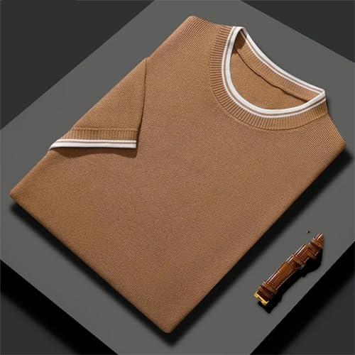 Men's Round Neck Short Sleeve Sweater Silk Fabric Knitwear Solid Color Spliced Loose Size Business Casual Top2