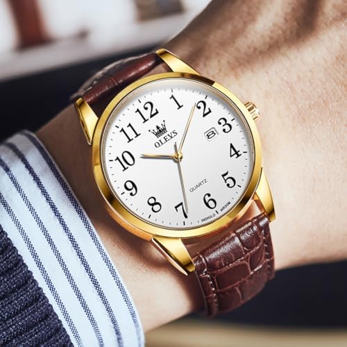 Image of OLEVS Men Leather Watches Classic Quartz Large Dial Easy Read Waterproof